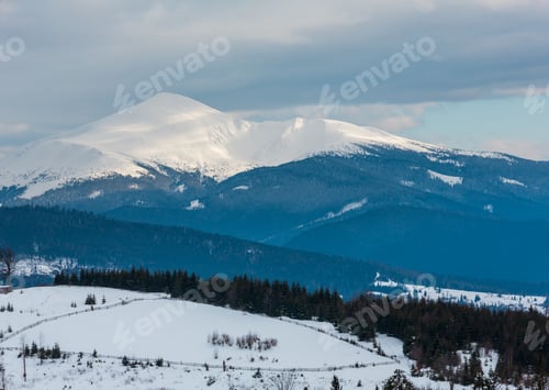 Preview: Evening Twilight Winter Cloudy Day Snow Covered Alp Mountain Ridge (Ukraine, Carpathian Mountains
