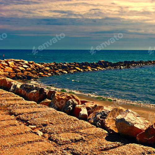 Preview: Breakwater Protecting The Beaches Of The French Riviera At Sunset, Vintage Style Toned Picture