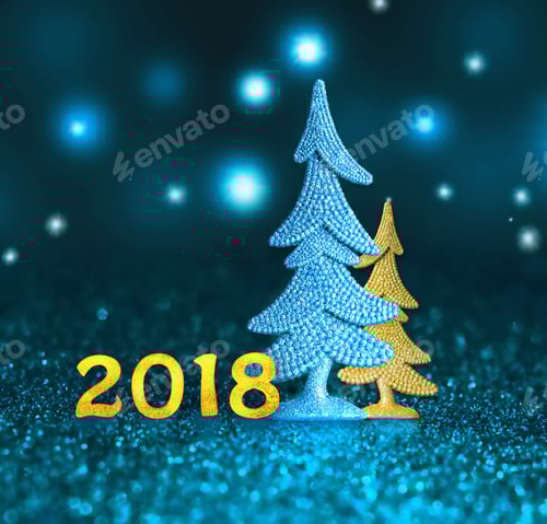 Visualização: Árvore de Natal. Ano Novo. 2018. Feliz Ano Novo. Números de 2018 em fundo azul. Natal.