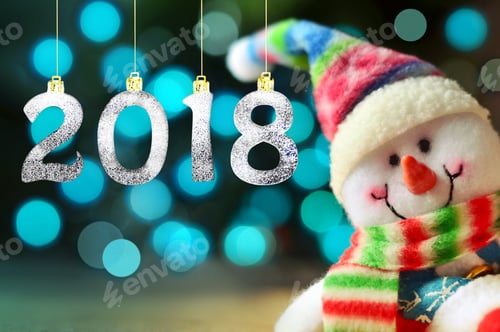 Preview: Happy Snowman With Lights In The Background. With The New 2018 Year