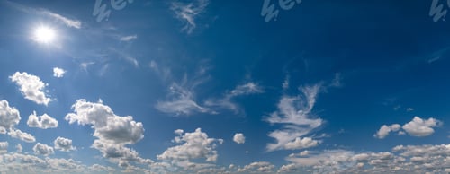 Preview: White Cumulus Clouds And Sun In Blue Sunshiny Sky Panoramic High Resolution Background