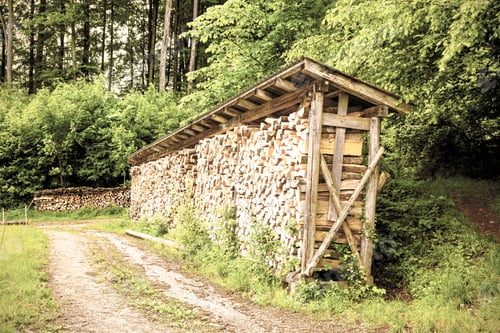 Preview: Firewood For Heating On The Front Lawn In Austria. Vintage Style