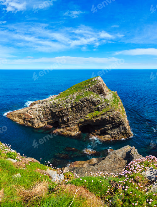 Preview: Summer Blossoming Cape Vidio Coast View With Flowers (Asturias, Cudillero, Spain).
