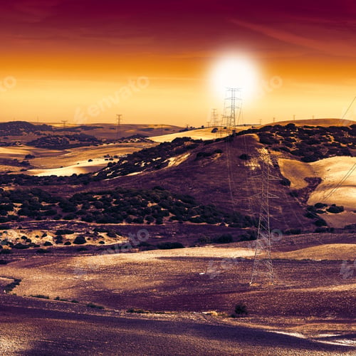 Preview: Olive Grove And Fields In Spain After Harvesting At Sunrise. Electrical Power Lines On Pylons In