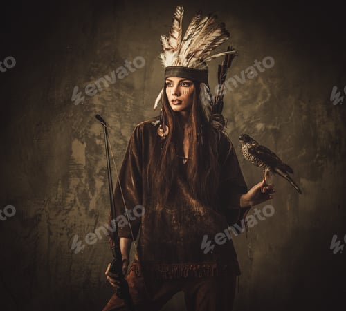 Preview: Indian Woman Hunter With Bow And Pet Hawk