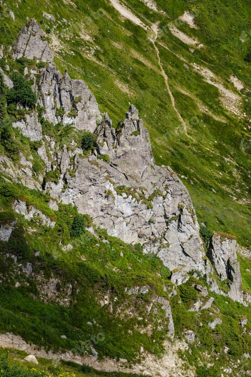 Preview: Summer Mountain Slope With Picturesque Rock Formations. Shpyci Mountain, Carpathian, Ukraine.