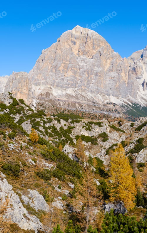 Preview: Sunny Picturesque Autumn Alpine Dolomites Rocky Mountain View From Hiking Path From Giau Pass To