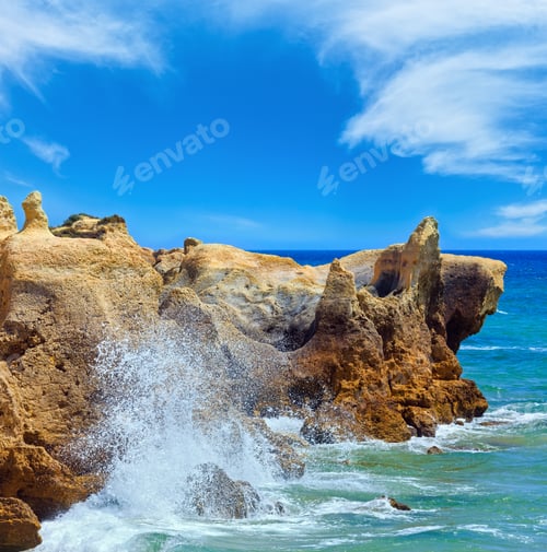 Preview: Summer Atlantic Rocky Coast View With Splashes From Waves, Albufeira Outskirts, Algarve, Portugal