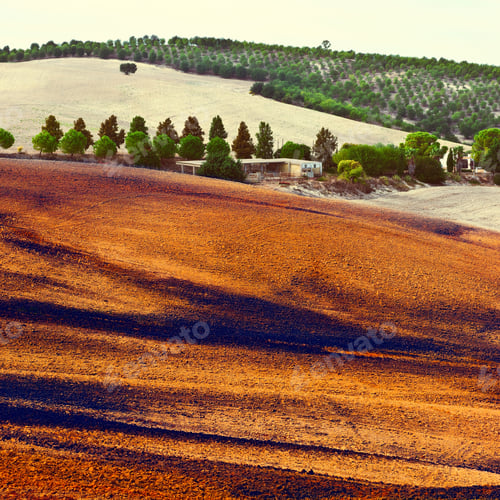 Preview: Farmhousr Among The Plowed Fields In Spain, Vintage Style Toned Picture