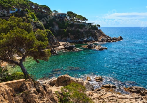 Preview: Summer Sea Rocky Coast View With Conifer Trees And Sunny Sparkles On Water Surface (Catalonia