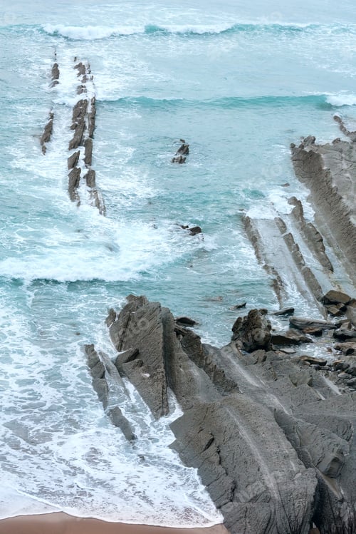 Preview: Evening Sea Rocky Coast View (Arnia Beach, Spain, Atlantic Ocean).