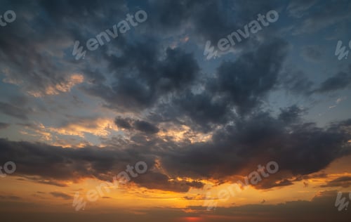 Preview: Summer Sunset Sky With Fleece Colorful Clouds. Evening Dusk Good Weather Natural Background.