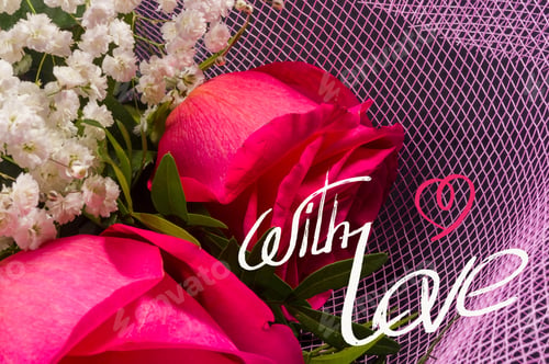 Preview: Holiday Card - A Bouquet Of Fresh Red Roses In A Festive Package, Holiday Greetings, Handwritten