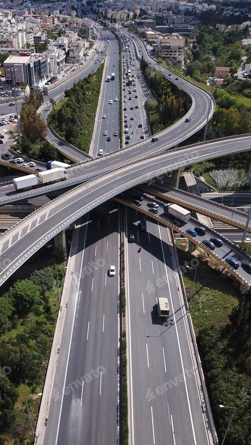 Preview: Aerial Drone View Of Popular Highway Multilevel Junction Road, Passing Through National Motorway In