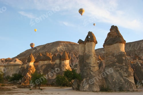 Preview: Drifting Hot Air Balloon With Tourists Who Enjoy The Overwhelming Views Over A Volcanic Landscape