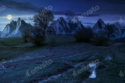 Preview: Woodshed Among Trees On A Hill By The Road. Composite High Tatras Countryside Landscape In Dramatic