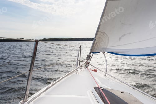 Preview: Front Part Of Yacht Swimming On Lake. Beutiful Mazury Lake Photographed From Yacht.