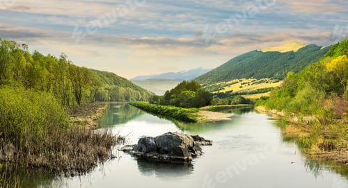 Preview: Collage Mountain River With Stones And Grass In The Forest Near The Mountain Slope