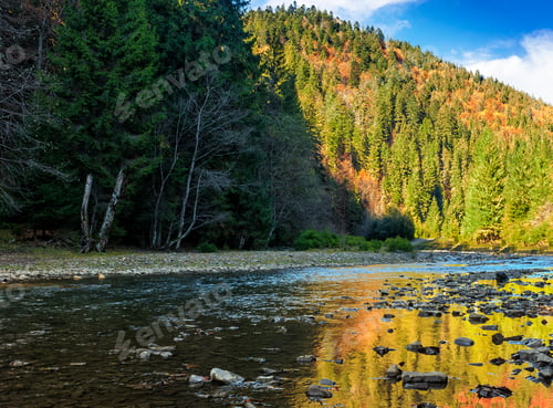 Preview: Autumn Landscape. Rocky Shore Of The River That Flows Near The Forest At The Foot Of The Mountain