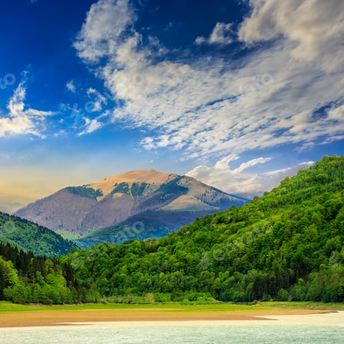 Preview: View On Lake Shore Near The Forest On Mountain Background Early In The Morning