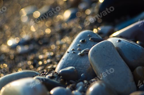 Preview: Pebble Stones On The Sea Beach, The Rolling Waves Of The Sea With Foam