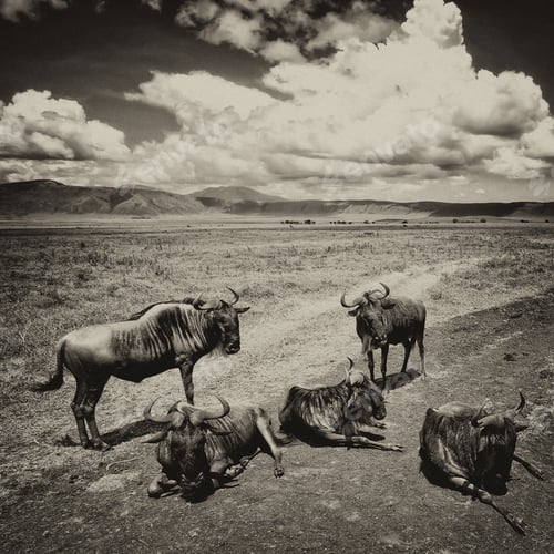 Preview: Vintage Style Black And White Image Of Wildebeests In The Ngorongoro Crater, Tanzania