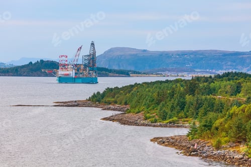 Preview: Oil Rig, Offshore Platform In Stavanger, Norway Fjord With Copy Space