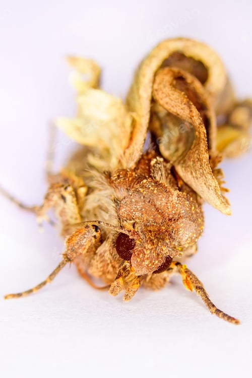 Preview: Portrait Head Of Clothes Moth. Macro Photography. Natural Yellow Background.