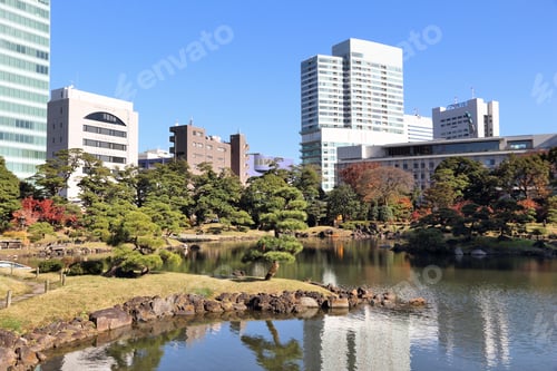Preview: Tokyo Japanese Garden - Skyscrapers Seen From Kyu Shiba Rikyu Garden.