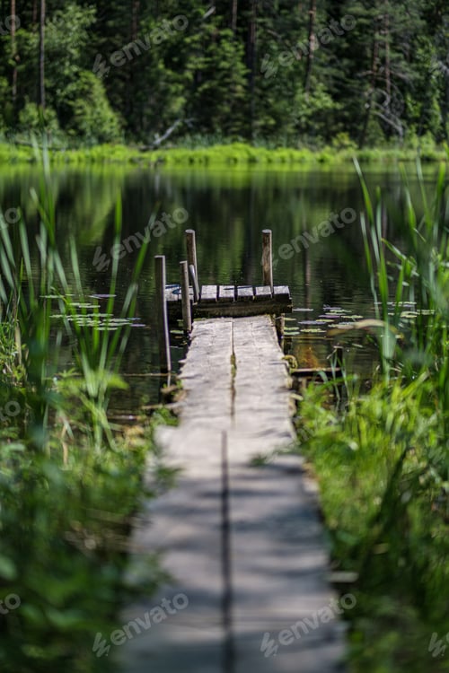 Preview: Nice Wooden Plank Boardwalk Leans Into Blue Lake With Green Shores And Blue Sky In Summer