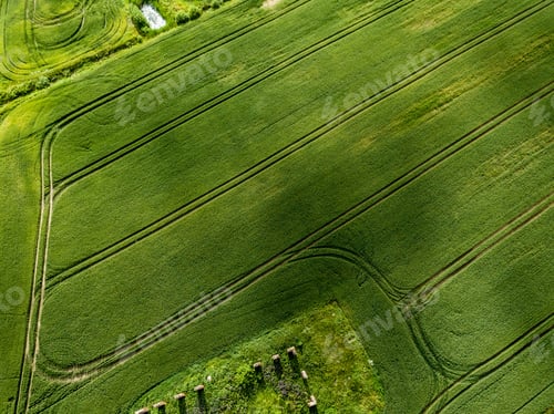 Preview: Drone Image. Aerial View Of Rural Area With Green Cultivated Fields In Summer Day, Shadows From