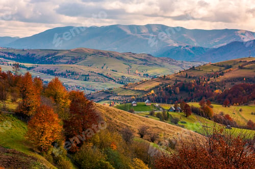 Preview: Small Village On Hills In Autumn. Lovely Countryside Of Carpathian Mountains. Mighty Ridge In The