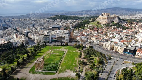Preview: Aerial Drone Photo Of Iconic Pillars Of Ancient Temple Of Olympian Zeus And Acropolis Hill At The