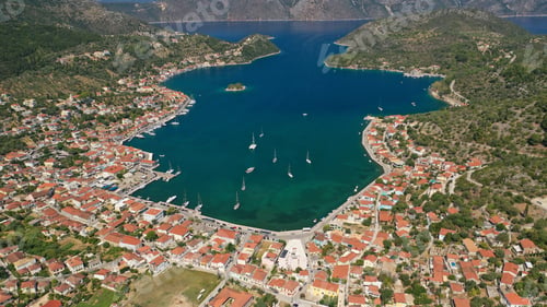 Preview: Aerial Drone Panoramic Photo Of Picturesque Village Capital And Port Of Ithaki Or Ithaca Island