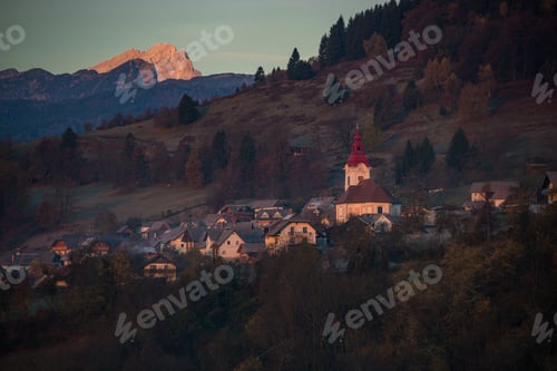 Preview: Sunrise In Slovenian Countryside With Village Zasip Below Triglav And Julian Alps.