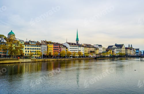 Preview: View Of A Riverside Of The Limmat River In Swiss City Zurich Taken From The Bahnhofbrucke Bridge
