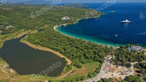 Preview: Aerial Drone Photo Of Beautiful Popular Organised Sandy Bay, Turquoise Beach And Natural Preserve
