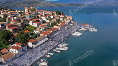 Preview: Aerial Drone Bird'S Eye View Photo Of People Participating In Traditional Colourful Flour War Or