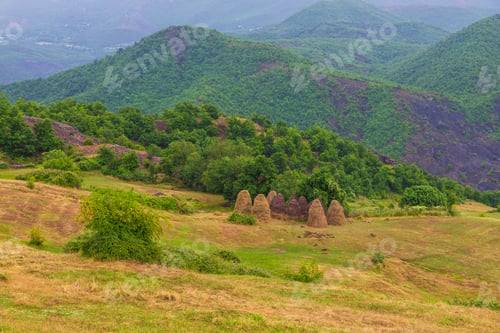 Preview: Scenic Landscape View In Albanian Mountain With Hay Shocks.