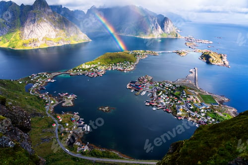 Preview: Sunny Aerial Panoramic View On Stunning Mountains And Village Of Reine In Lofoten Islands, Norway