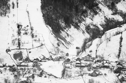 Preview: Winter Mountain Landscape With Villages. Black And White Photography