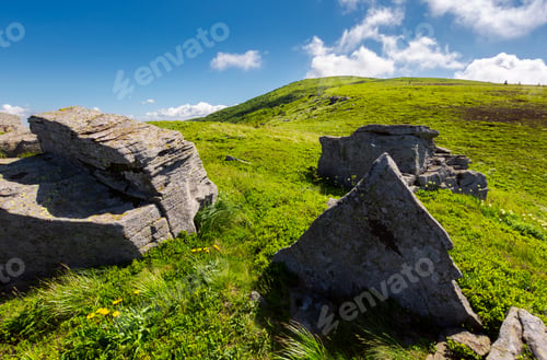 Preview: Huge Rocky Formation On Hillside. Lovely Summer Scene In Mountains. Beautiful Nature Background Of