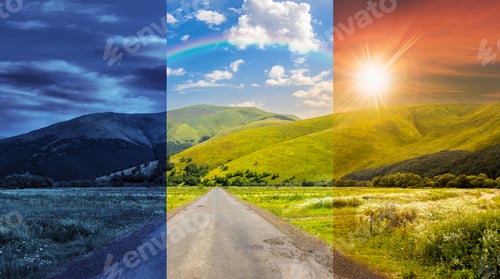 Preview: Day And Night Collage Of Composite Landscape With Abandoned Asphalt Road Rolls Through Meadows With