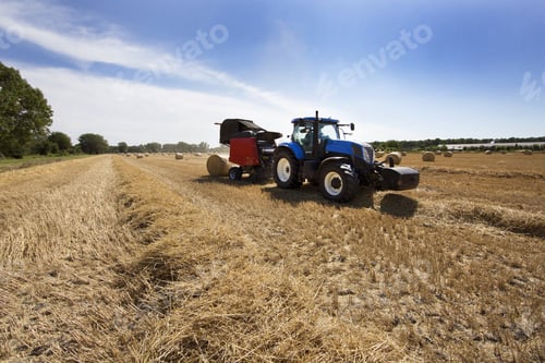 Preview: Tractor With Trailer Working To Make Hay Bales With Agriculture Machine