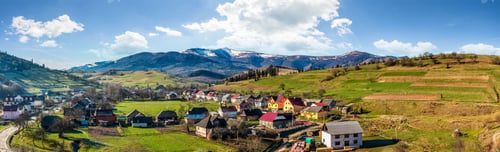 Preview: Early Spring Rural Landscape. Panorama Of Village Near The Fields On Hill Side At The Foot Of The