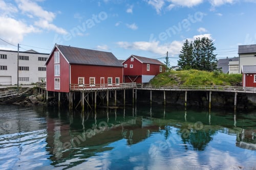 Preview: Red House And Reflection In A, Little Village In Lofoten Islands, Norway