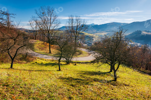 Preview: Apple Prchard On The Hill Above Serpentine And Village. Beautiful Autumn Countryside In Mountains