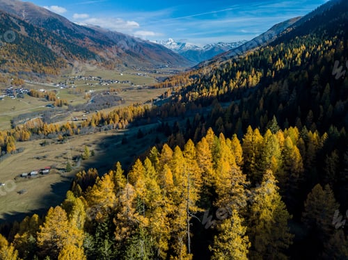 Preview: Aerial View Of Mountain Valley In Switzerland. Fall Colors During Indian Summer