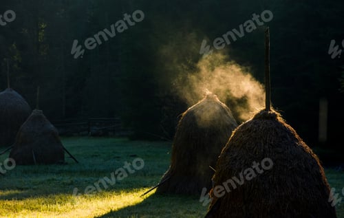 Preview: Steaming Haystack Near The Forest At Sunrise. Rare Rural Background