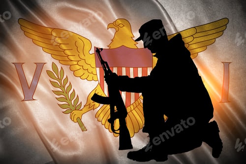Preview: Closeup Of Grunge Flag Of United States Virgin Islands With The Silhouette Of A Soldier With A